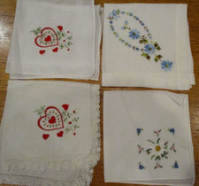 Vintage Handkerchiefs 4 Embroidered Hankies Heart Flowers Red Blue White Lace