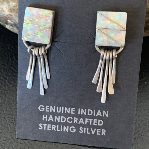 Womens White Opal Inlay Navajo Sterling Silver Dangle Post Earrings 0.5" 12765 - 第 5/12 張圖片