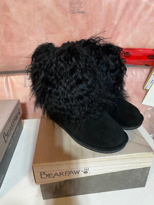 NEW BEARPAW  Boo  Real Black  Lamb Fur Lined Boots Womens Size 8 NIB