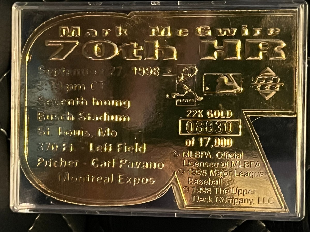 希少ホームランカード 1998 Upper Deck Mark McGwire 70th Homerun 22 Karat Gold Photo