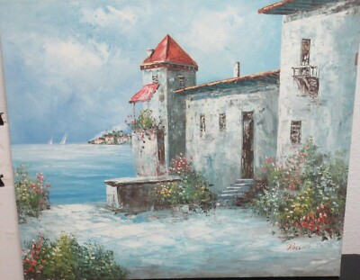 ROSSINI ORIGINAL OIL ON CANVAS SEA SHORE SAIL BOAT PAINTING