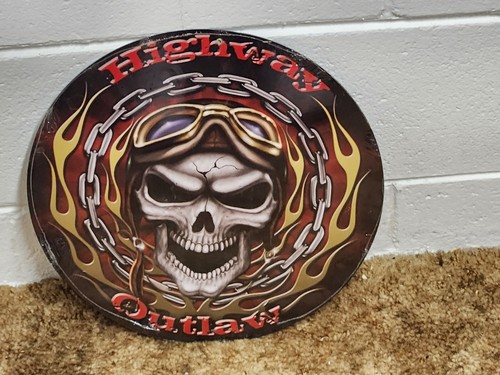 Highway Outlaw Sign Skull Motorcycle Helmet Goggles Chain 14" Metal Bad*ss