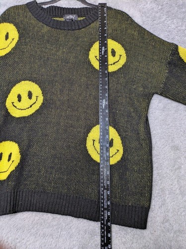 Black Yellow Smiley Face Emoji Knit Sweater Size Large Just Polly - Picture 5 of 6