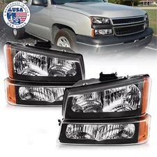 For 03-06 Chevy Silverado Avalanche Black Amber Headlights + Bumper Signal Lamps