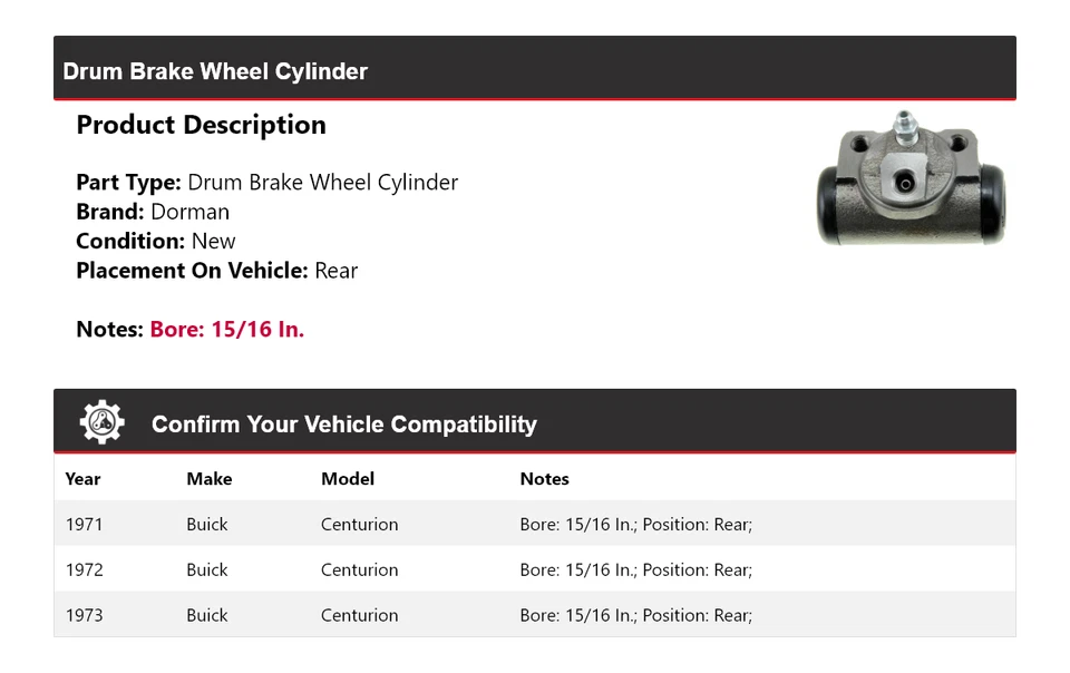 Cilindro de rueda de freno de tambor trasero 1972 para Buick Centurion Dorman 1971-1973 Foto 2 de 3