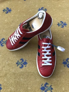 Gucci Ace Baskets Chaussures Cuir Monogramme Toile Bleu Rouge Homme US 8 UK 7,5