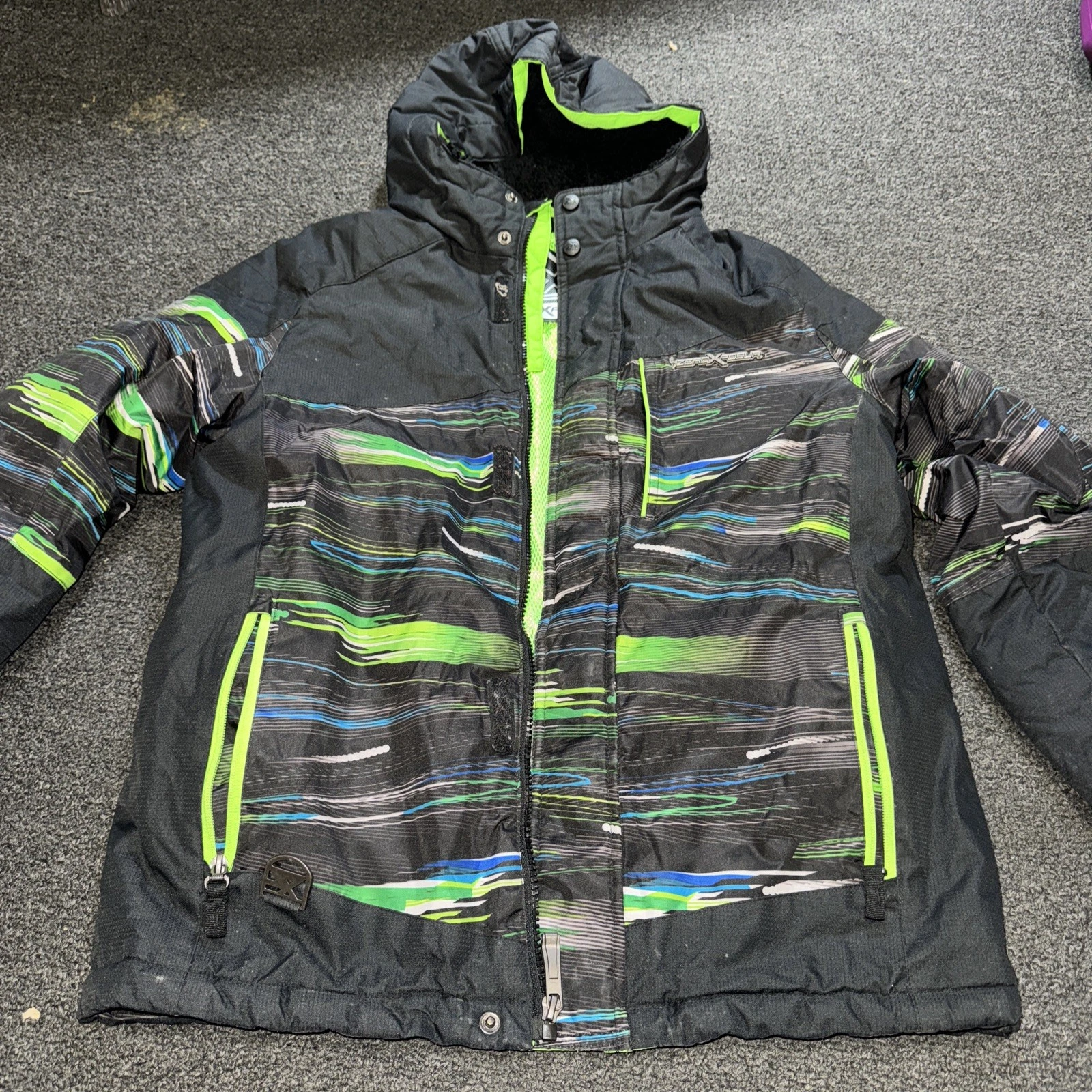 Youth ZeroXposur Winter Jacket Black Green XL Zip Up Hood Pockets Lined