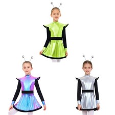Kids Girls Alien Costume Themed Party Outfit Mock Neck Dress Role Play Metallic