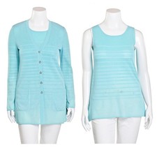 Escada 1,540 2Pc Light Turquoise Long Stripe Knit Cardigan Top Sweater Set 8/38