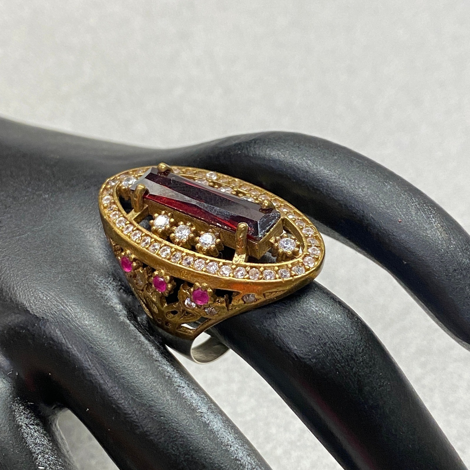 Statement Cocktail Ring Rectangle Red Gemstone Cl… - image 7