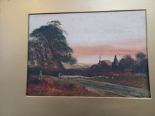 Fredrick Hines  A Watercolour rounding up the sheep.  evening at eynsford kent