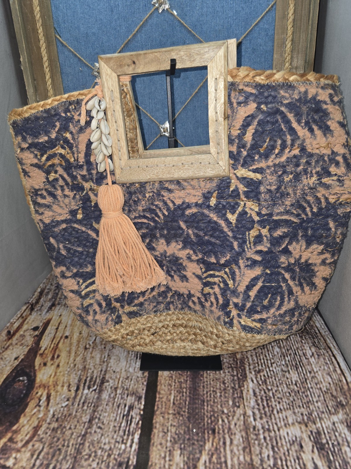 Woven Jute Floral Tote Handbag Blue Tan Wood Top Handle Tassel Bag Charm