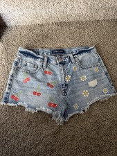 A ropostale Vintage High Rise Shorty Cut Off Denim Shorts Blue Cherry Floral Si