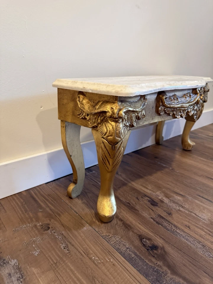 VNT Louis XV/Baroque Style Low Ornate Carved Gold Console Table With Marble Top - Image 4 of 4