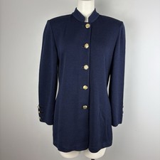 St. John Basics Blue Santana Knit Jacket Military Gold Crested Buttons Size 6