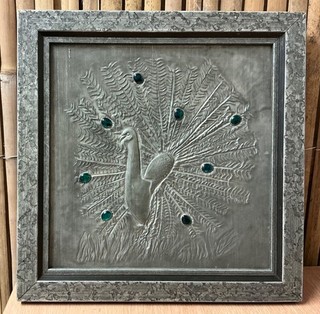 vintage French repousse work pewter peacock wall art