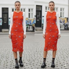 GANNI Orange Rose Print Ruched Mesh Midi Dress Front Zip L Cocktail Scandi Date