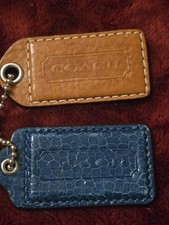 Lot of 2 Coach VTG 3 Inch Leather Hand Tag Key Chain Purse Charm Fob Tan Blue