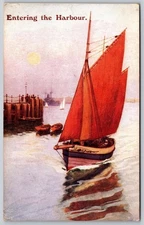 Vintage Sailing Boat Entering Harbour Postcard with Red Sails AA172
