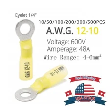 10/500x Heat Shrink Ring Terminal wire Connector Yellow 12-10 AWG Gauge 1/4 Hole