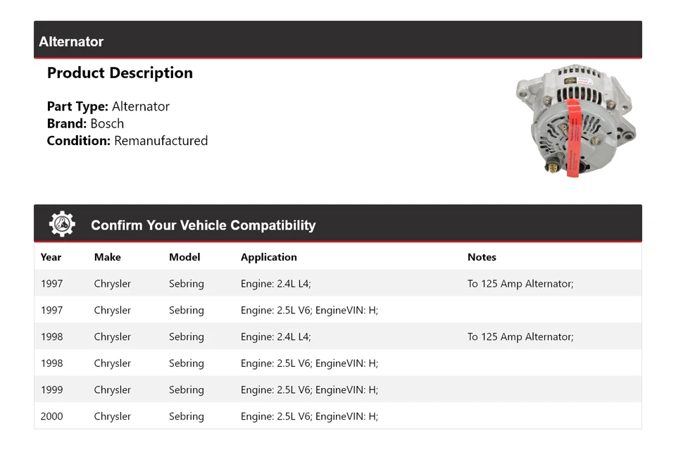 Генератор переменного тока (восстановленный) 1998 1999 для Chrysler Sebring Bosch 1997-2000 годов выпуска - Изображение 2 из 4