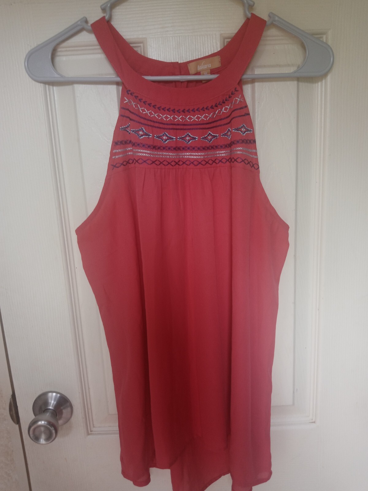 Women's Orange Aztec Embroidered Sleeveless Blouse - TAKARA