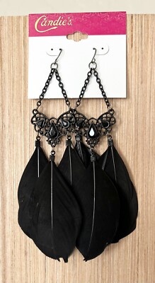 NEW Candie's Black Three Feather + Jewel Hook Dangling Earrings for Pierced Ears