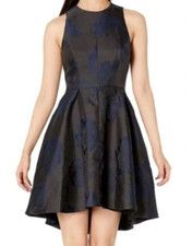 Halston Heritage Fit & Flare Dress Sz 12 Black Blue Floral Sleeveless NWOT