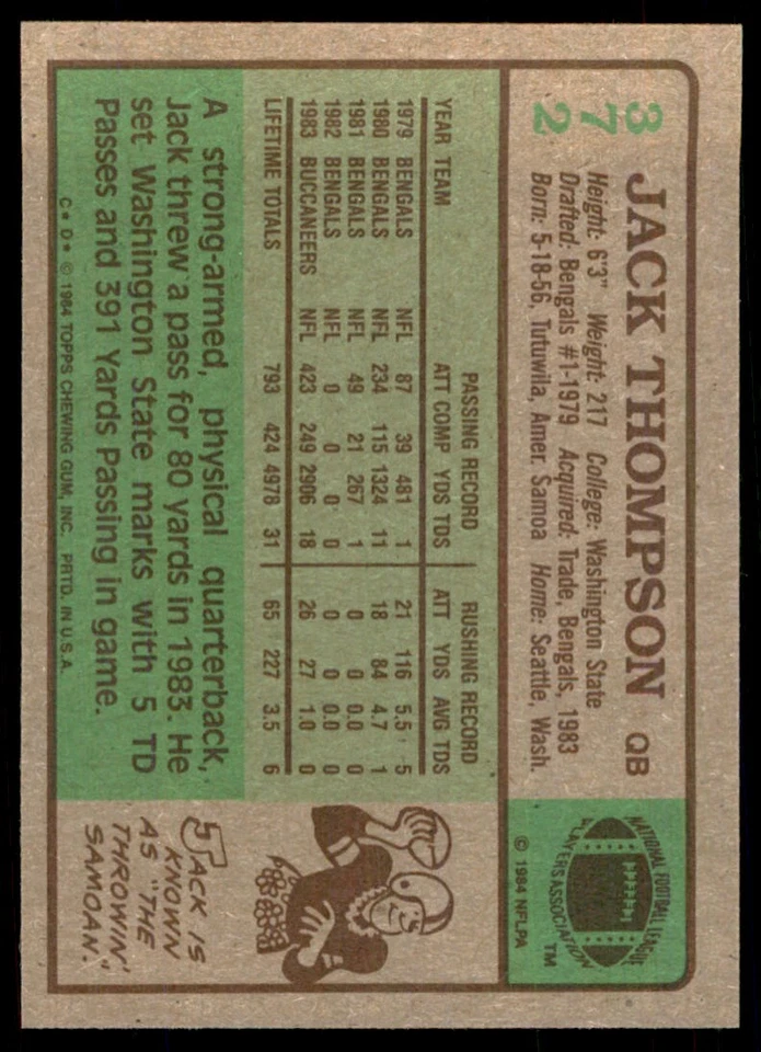 1984 TOPPS. JACK THOMPSON TAMPA BAY BUCCANEERS #372 - Image 2 of 2