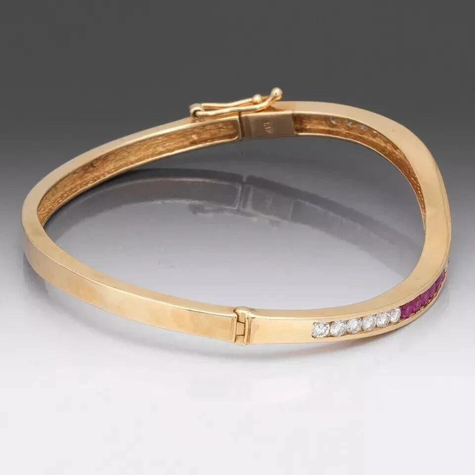 14K Yell Gold Plated Rd Cut Lab Created Ruby Diamond Womens Bangle Bracelet 7.5" - Image 2 of 4