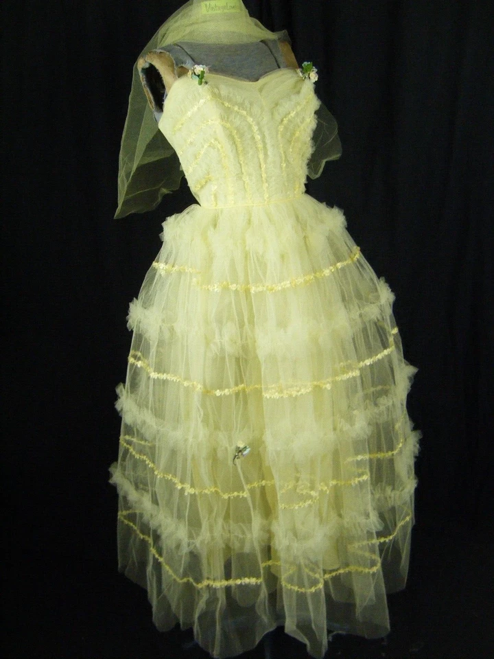 Vintage 50s Jaune Citron à Volants Dentelle sans Bretelle Fête Dress-Bust - Photo 2/4