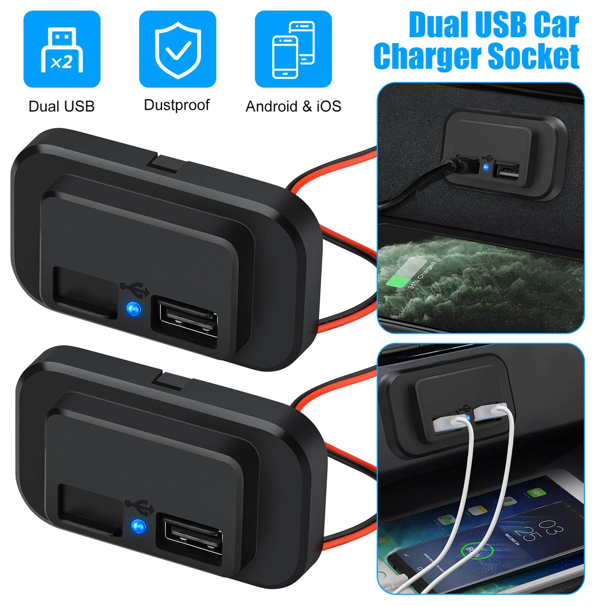 12V-24V 4.8A Dual USB Port Car Fast Charger Socket Power Outlet 2pcs, Size: Item Length 2.64in/6.7cm Item Width 1.57in/4cm, Black