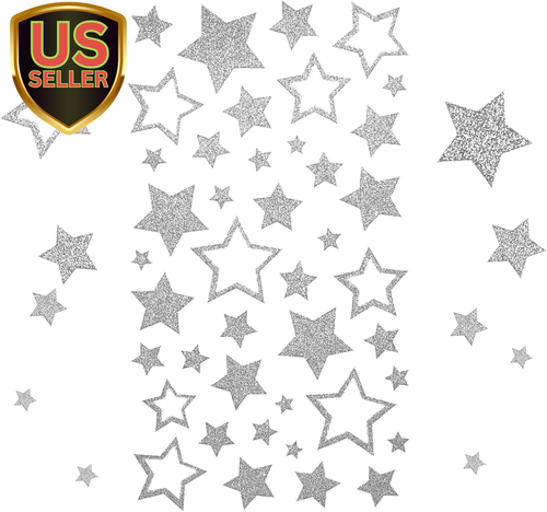 5 Sheets Glitter Silver Star Stickers, Self-Adhesive Assorted Star Labels for...