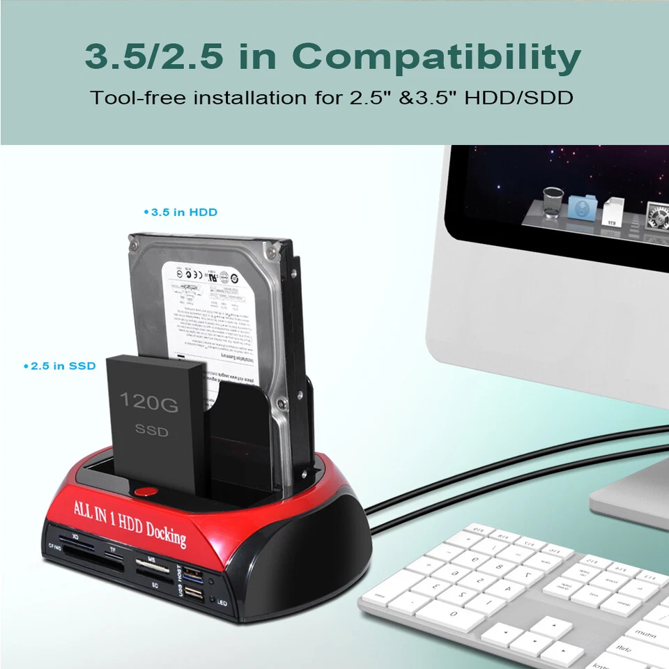 2.5" /3.5" HDD Docking Station SSD IDE Clone Hard Drive Multi Card Reader USB - Image 4 of 4