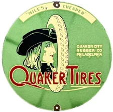 VINTAGE QUAKER TIRES PORCELAIN SIGN GASOLINE SERVICE STATION PUMP PLATE