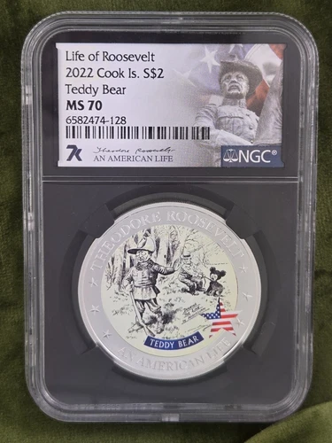 Life of Roosevelt 2022 Teddy Bear MS 70 $2 Fine Silver Coin NGC Certified 1/2ozt