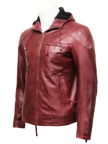 Men Burgundy Rial Leather Jacket Biker Coat Genuine Lambskin Hooded Slim Fit