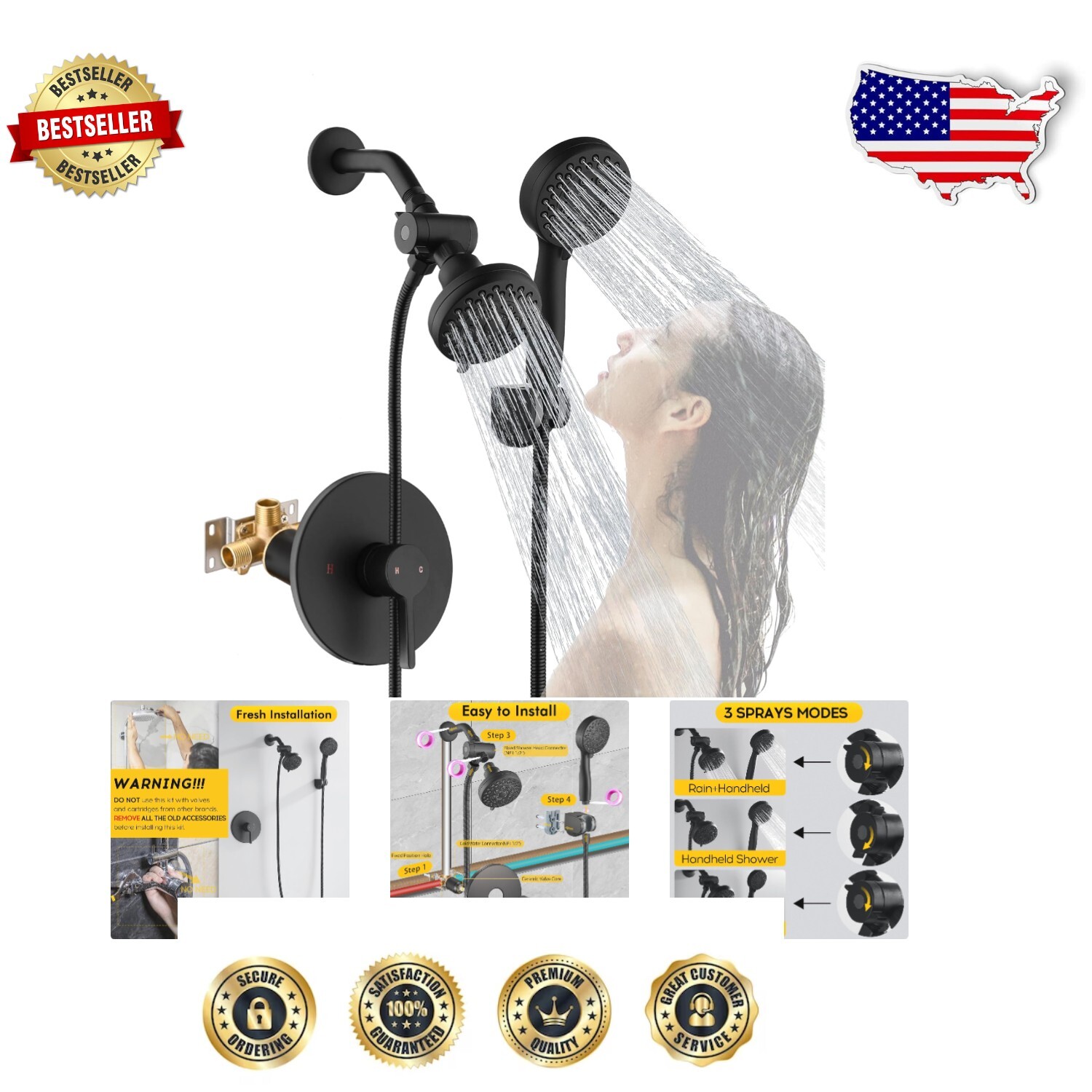 Matte Black Rain Shower Head and Handle Combo Set with Adjustable Features