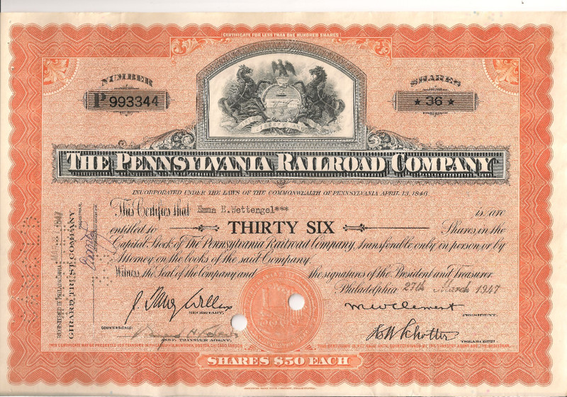 #A1184 Emma E. Wettengel 1947 Pennsylvania Railroad Co. Stock Certificate 36 shs