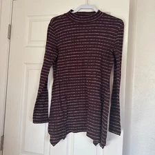 LOGO Lori Goldstein Striped Knit Tunic Top Women M Burgundy Stretch