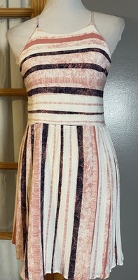 Anthropologie Paper Crane Halter Dress Juniors L Mini Smocked Ivory Pink Striped