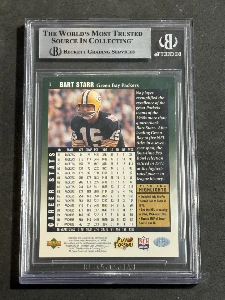 TARJETA AUTOGRAFIADA FIRMADA POR LEYENDAS DE LA BARAJA SUPERIOR BART STARR 1997 BECKETT BAS AUTÉNTICA Foto 3 de 3