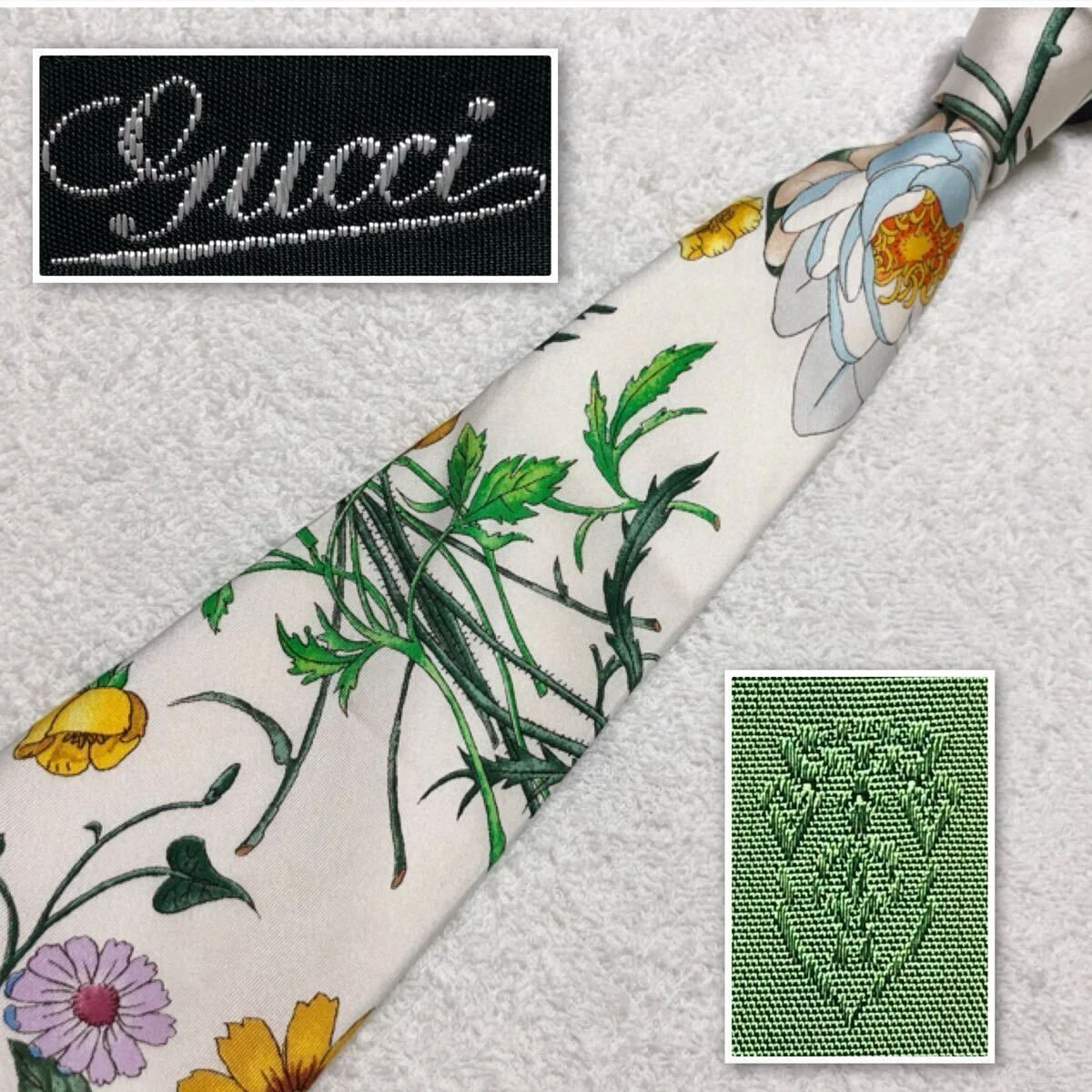 Super Rare Foulard à Cravate Gucci Motif Floral Soie 100 Made In Italy Blanc