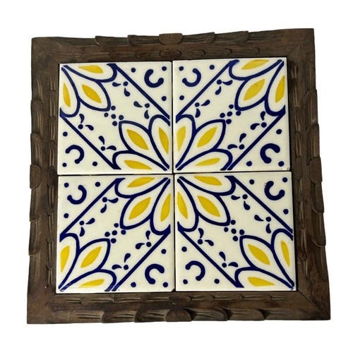 Vintage Large 11x11” Kitchen Trivet Tile Wooden Frame Yellow Blue White Mexico
