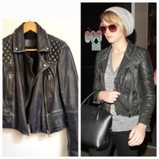 Giacca di pelle All Saints taglia 10 nera moto cargo biker ASO Jennifer Lawrence