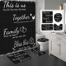 4Pcs Family Shower Curtain Sets with Non-Slip Rugs, Toilet Lid Cover and Bath Ma