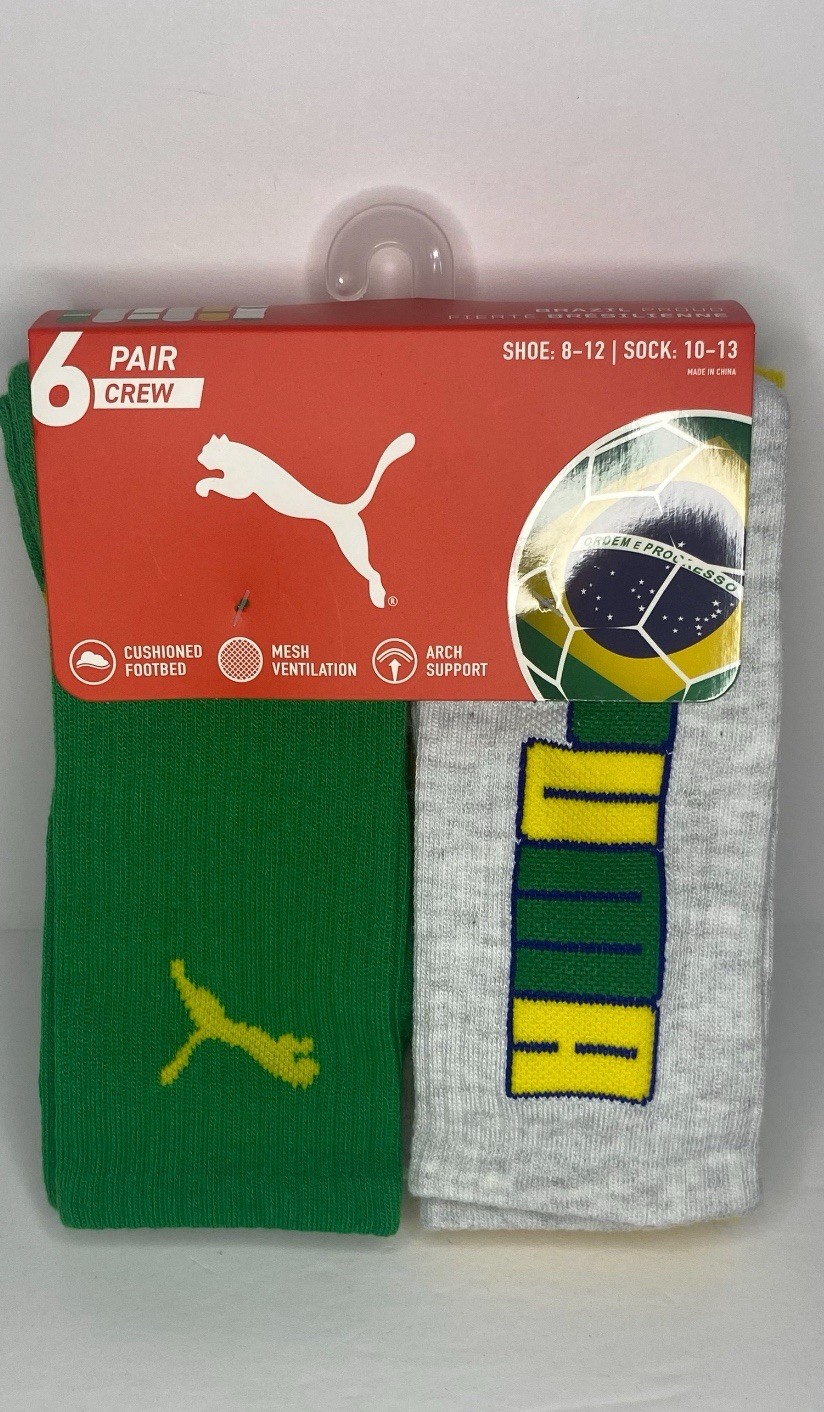 6 Pair PUMA Men's Crew Socks Brasil Soccer (Brazil) Shoe Size 8-12 NWT thumbnail 4