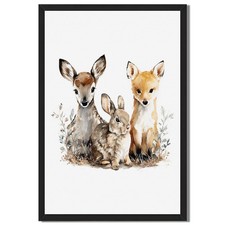 Cute Woodland Animals Framed Canvas Print Watercolor Wall Art Home Nursery Decor