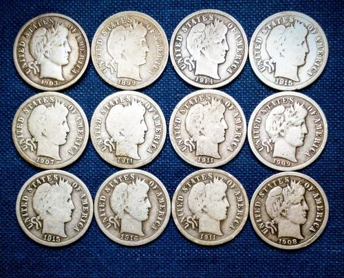 LOT OF 12 BARBER DIMES -- Good & better - all diff, 1/2 MM - inc '03o/'08o/'15s
