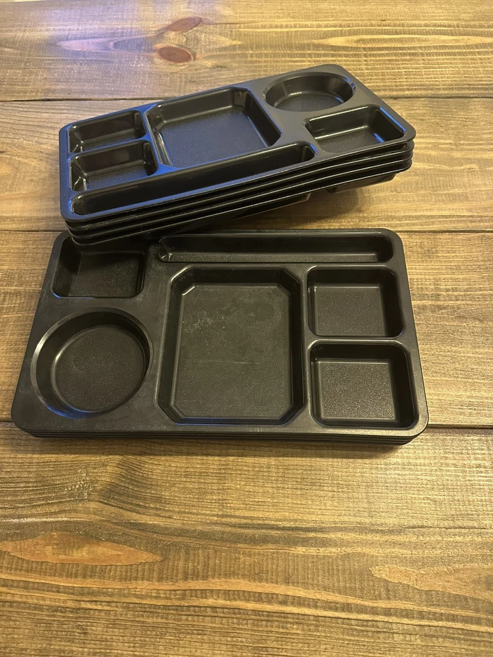 School Lunch Trays (8pc) Vintage 6 Compartment Black Cafeteria Daycare Divided  - Image 2 of 4